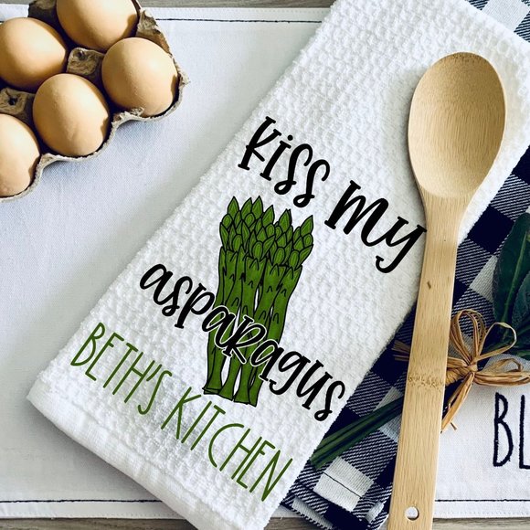 TEA TOWEL-KISS MY ASPARAGUS FUNNY PUN-Kitchen Towel-Person… - Picture 1 of 2